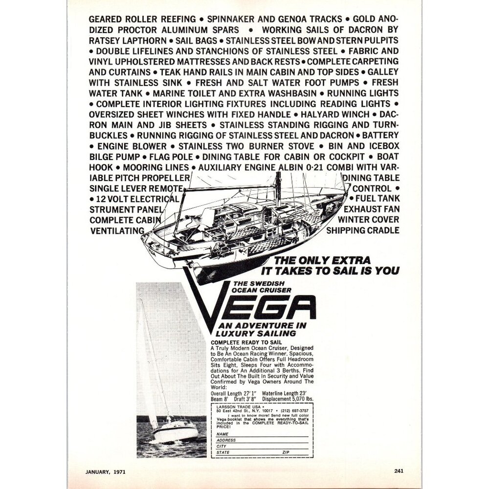 1971 Vega Sailboat Sailing Yacht Vintage Print Ad Cutaway Drawing 70s Wall Art
